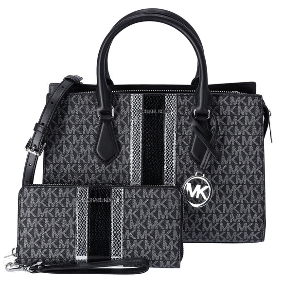 Michael Kors Sheila Medium Satchel Signature MK Metallic Black + Wallet - Picture 1 of 8